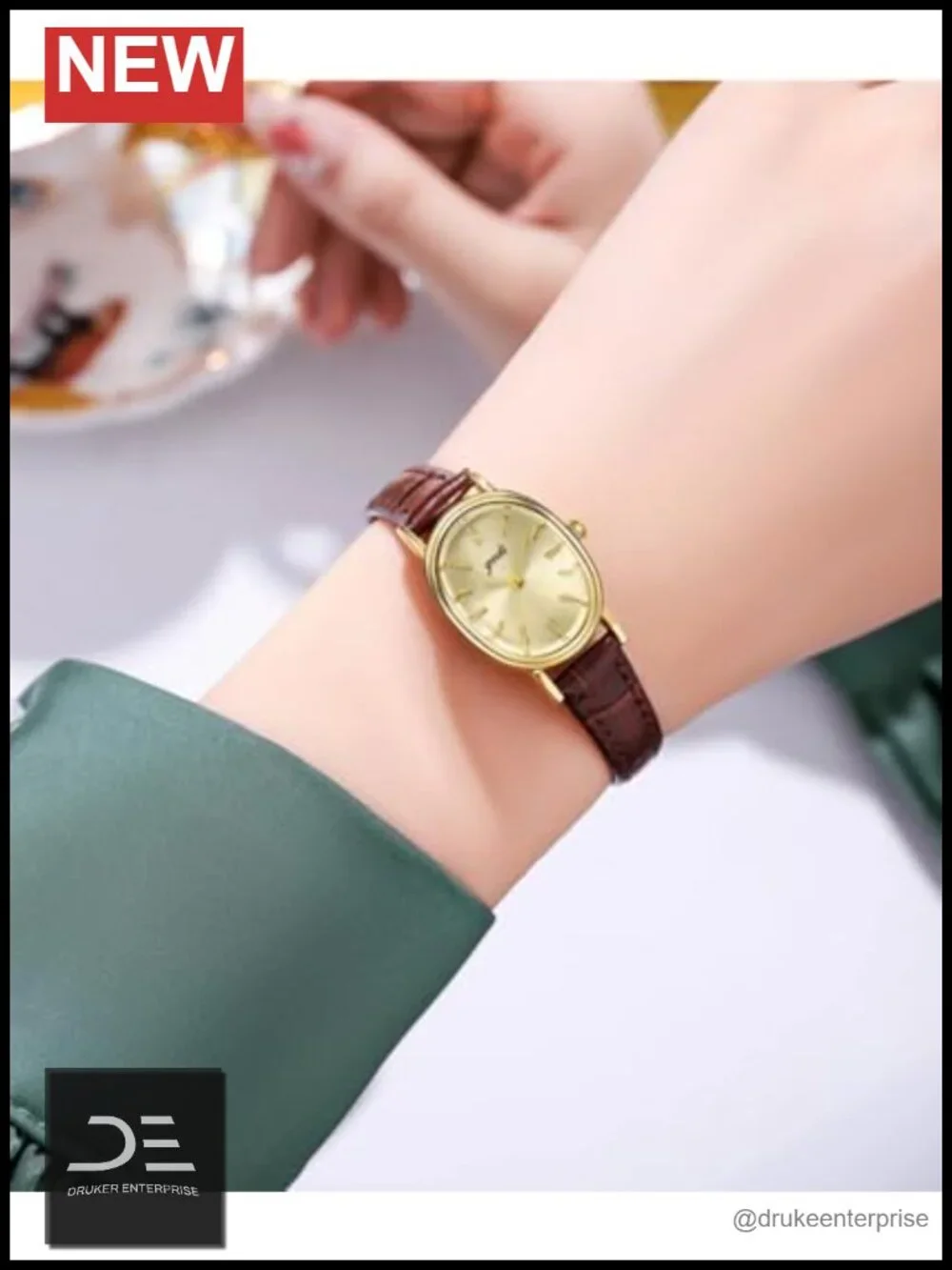 Elegant Oval Dial Quartz Watch with Leather Strap - Water Resistant